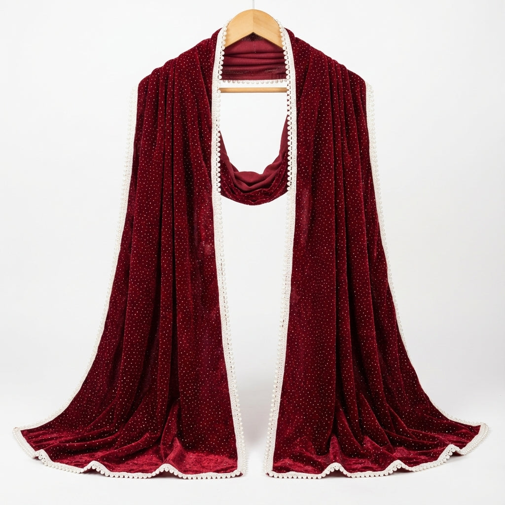 Glitter Velvet Dupatta 2.25 Meter with Moti Beads Lace Border | Premium Velvet Designer Dupatta for Women | Party Wear Ethnic Dupatta for Suit, Kurti & Lehenga