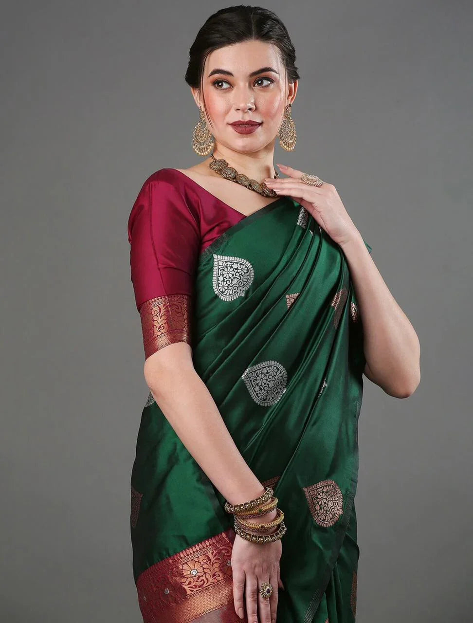 Banarasi Soft Silk Saree with Heavy Brocade & Copper-Silver Zari Weaving