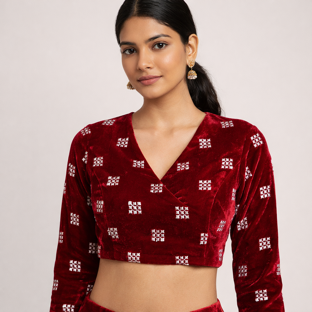 Maroon Square Embroidery Velvet Fabric – Designer Work | 1 Meter