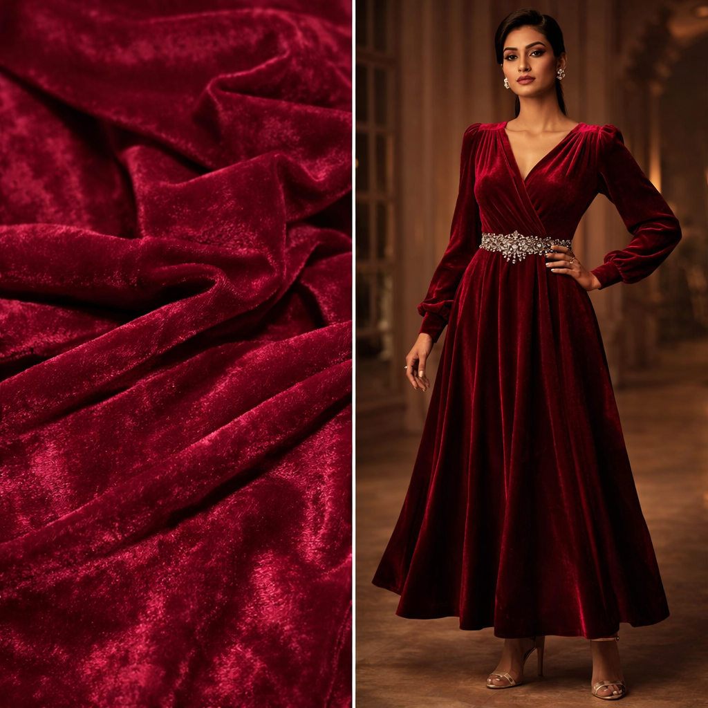 Solid Velvet Fabric for Blouse – Plain Unstitched Velvet Cloth – Maroon – 1 Meter