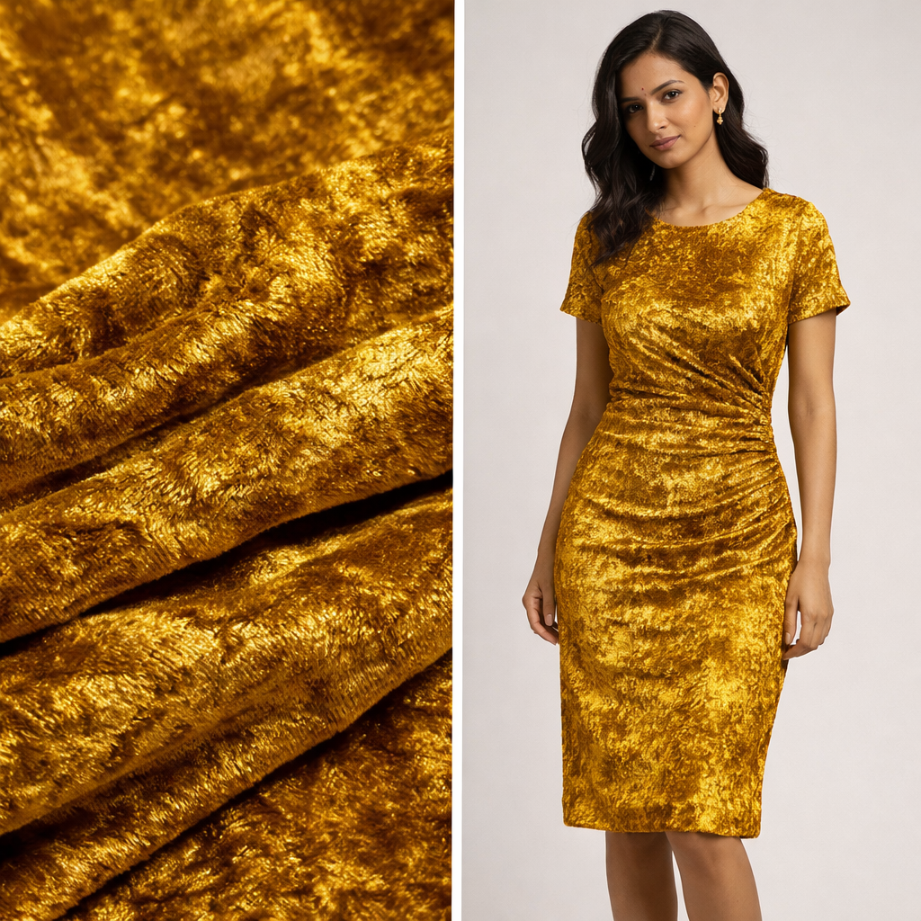 Gold velvet fabric and a gold velvet dress on a model against a plain background