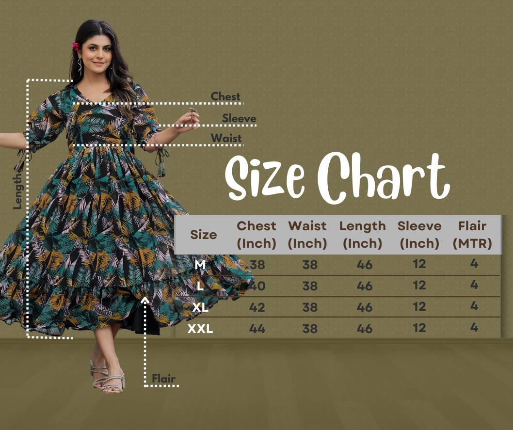 Woman wearing a black Georgette gown with a vibrant yellow, green, and pink tropical leaf print, a V-neck, and flared skirt outdoors.
