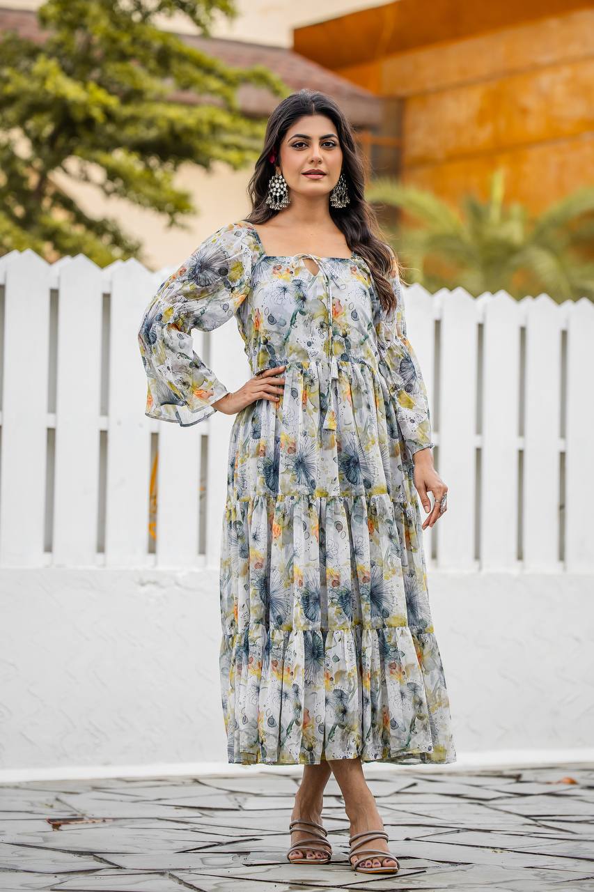 Stylish faux georgette gown with floral and geometric digital print and flared sleeves by Weave