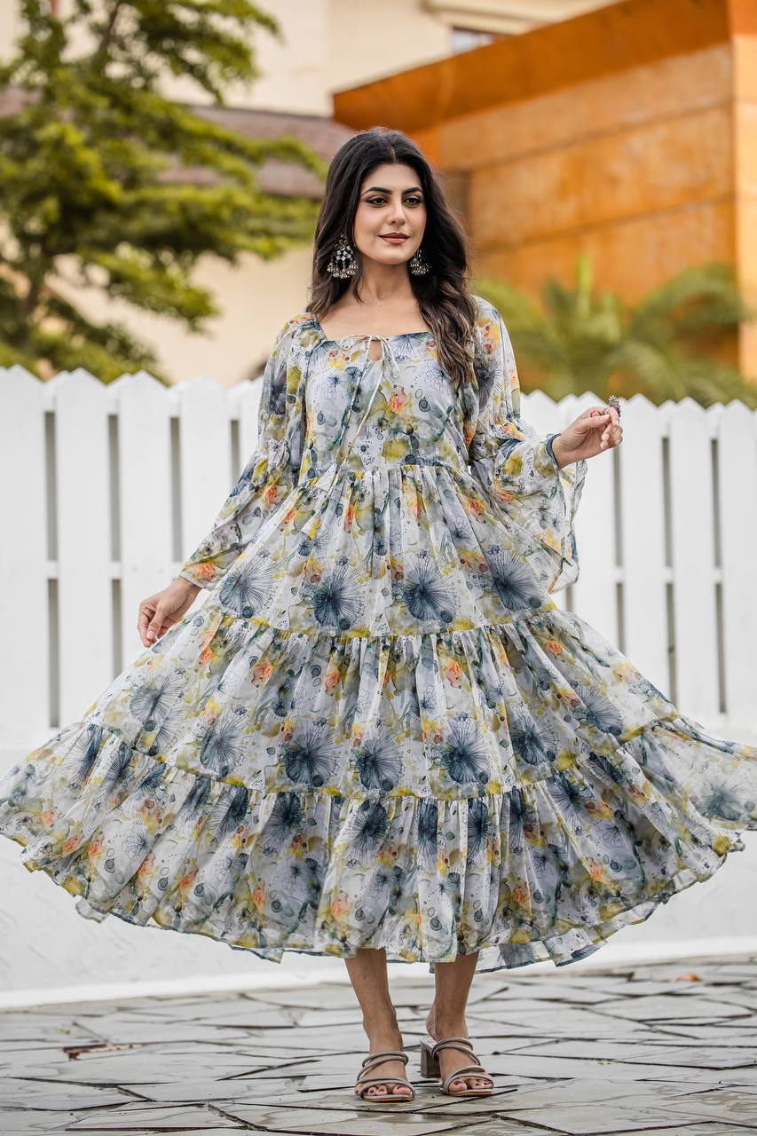 Stylish faux georgette gown with floral and geometric digital print and flared sleeves by Weave