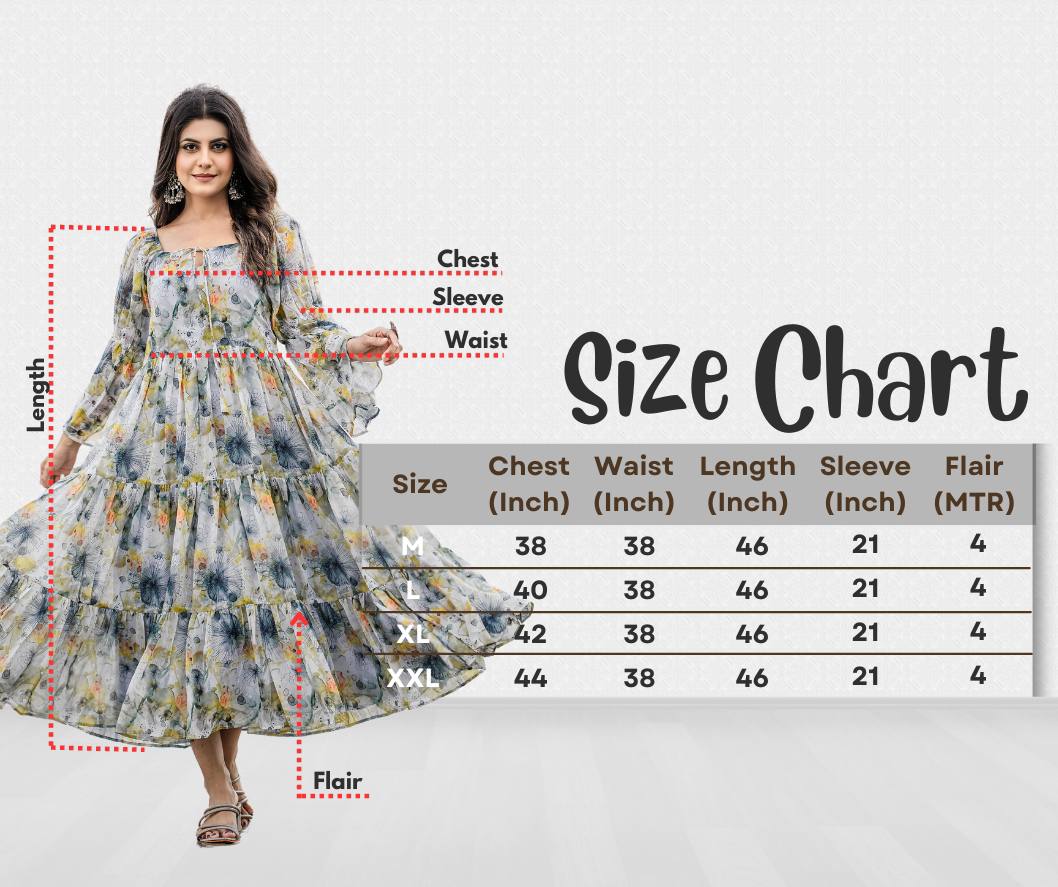 Stylish faux georgette gown with floral and geometric digital print and flared sleeves by Weave