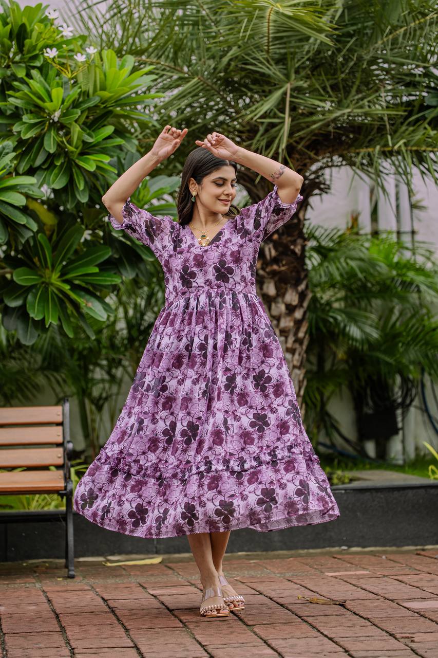 Weave faux georgette floral and geometric print gown with half sleeves and 4m flare