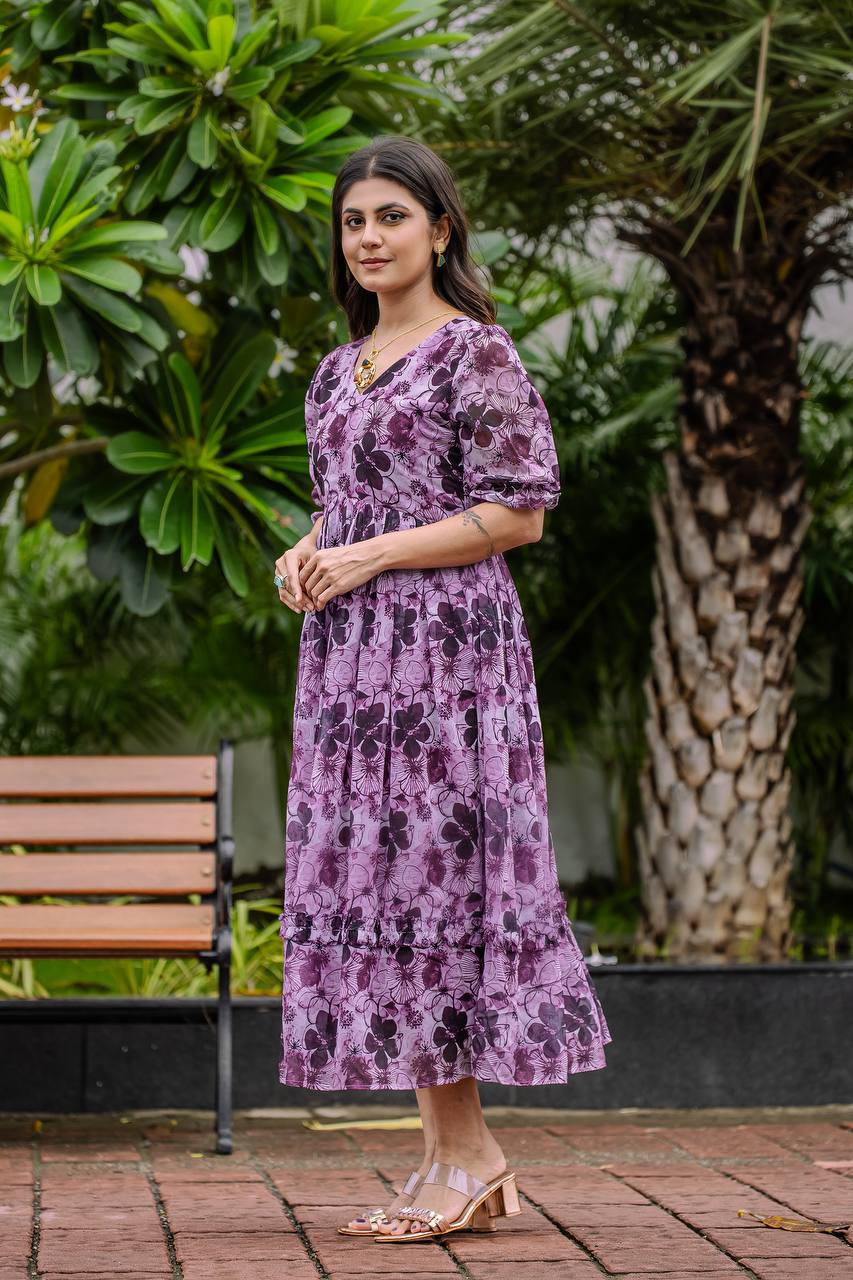 Weave faux georgette floral and geometric print gown with half sleeves and 4m flare