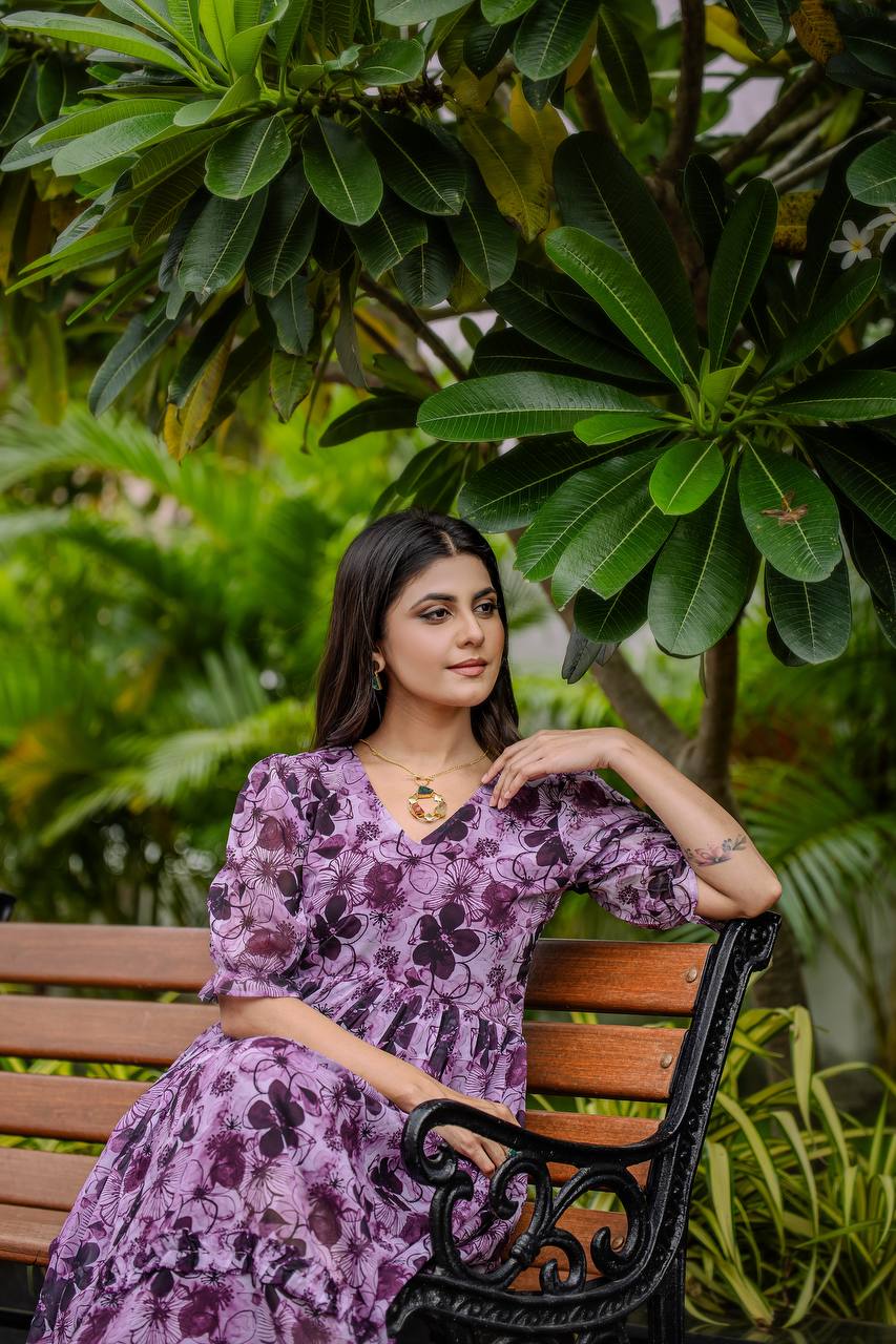 Weave faux georgette floral and geometric print gown with half sleeves and 4m flare