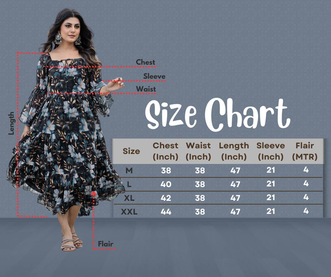 Model wearing black floral print georgette gown with tiered skirt and bell sleeves spinning outdoors