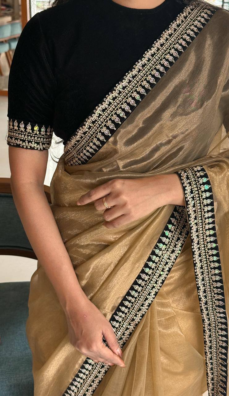 soft twill net saree with sequins jari dori embroidery velvet lace border