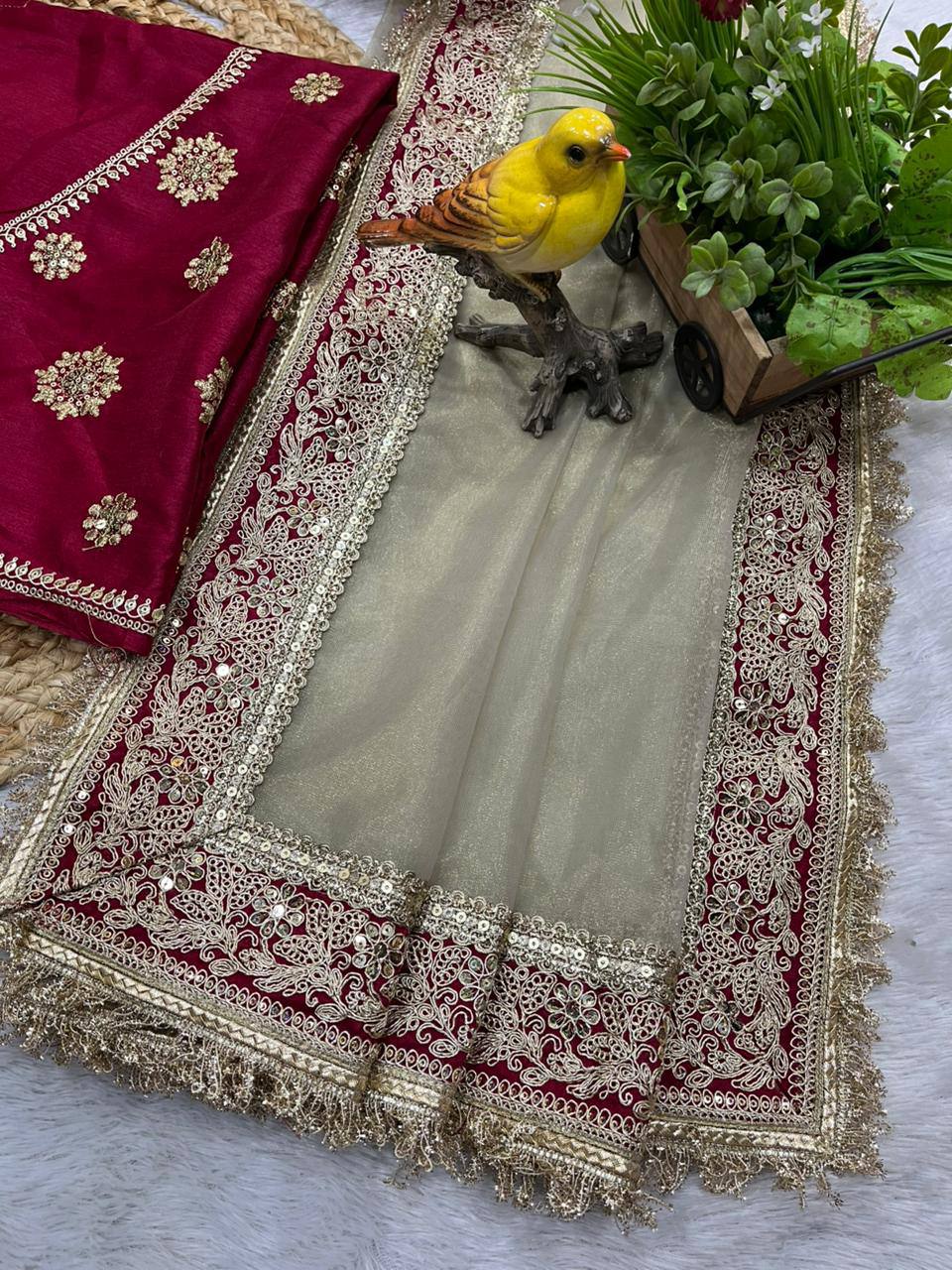 soft twill net saree with sequins cording jari dori embroidery lace border