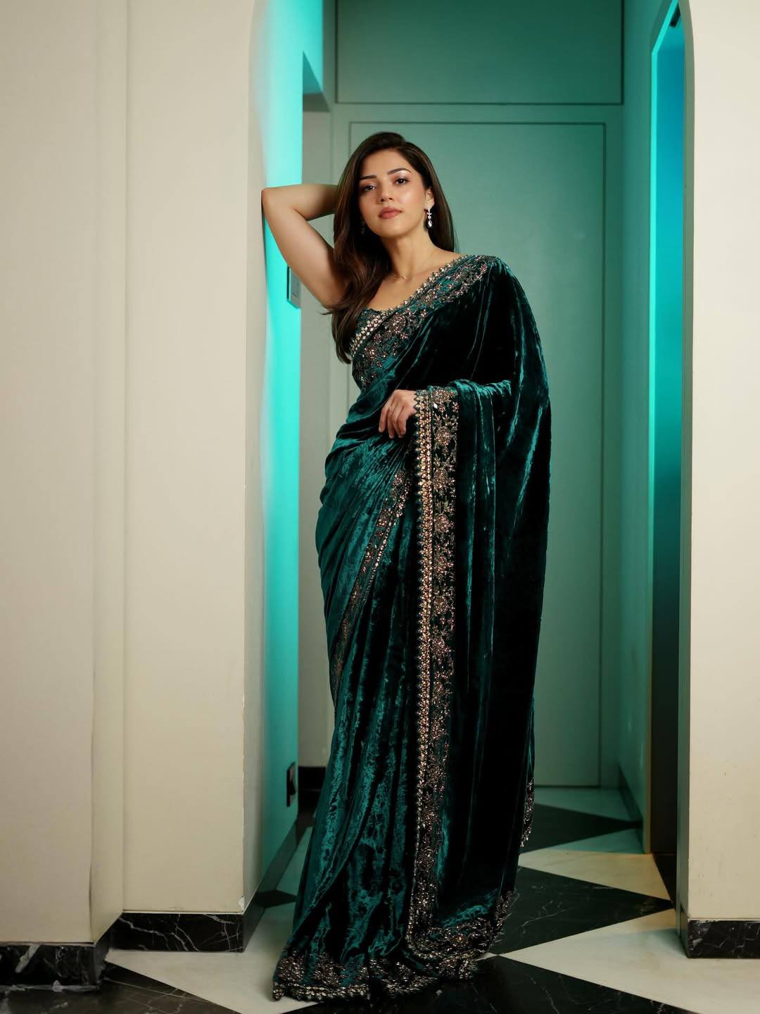viscose velvet saree with 5mm sequins and zari dori embroidery