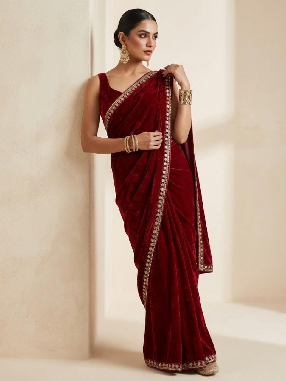 luxury 9000 velvet saree with zari embroidery and dual sequins lace