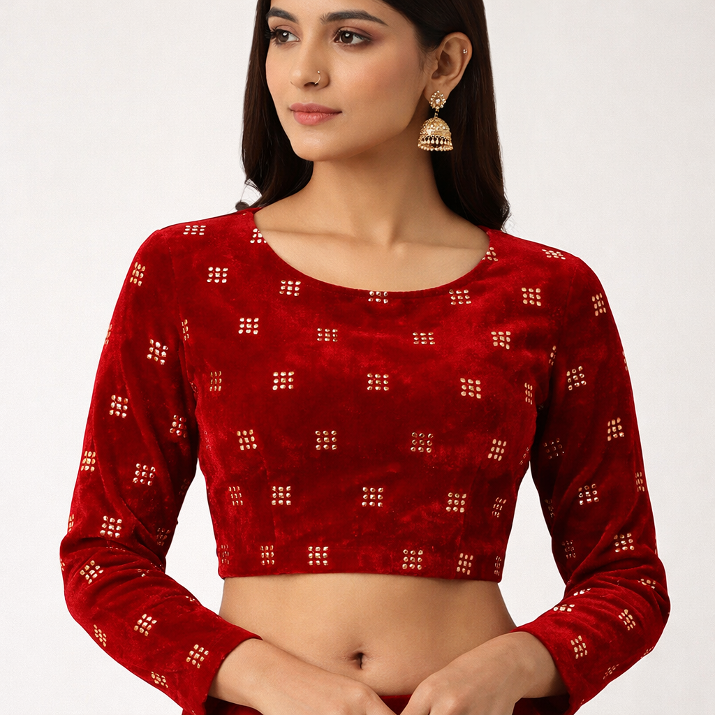 Red Square Embroidery Velvet Fabric – Designer Work | 1 Meter