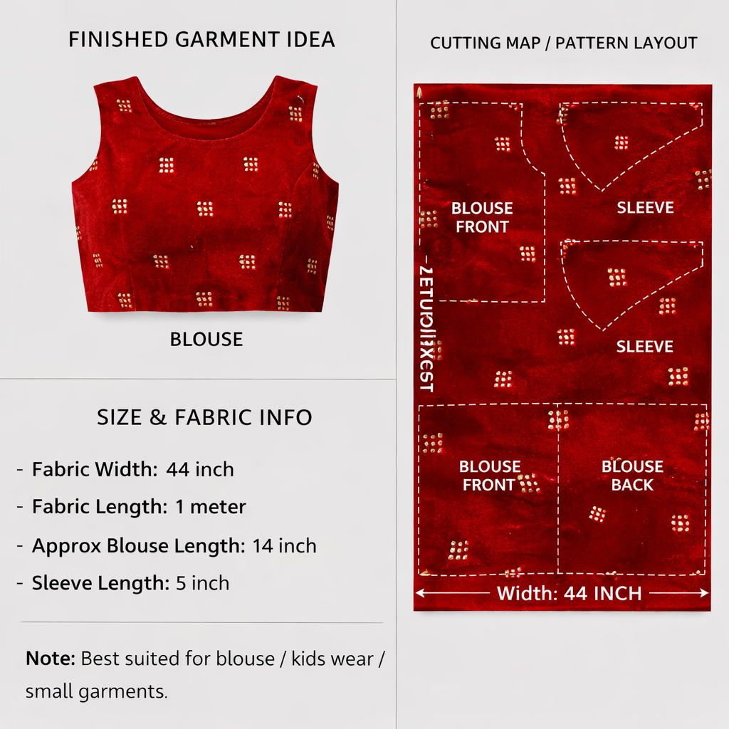 Red Square Embroidery Velvet Fabric – Designer Work | 1 Meter