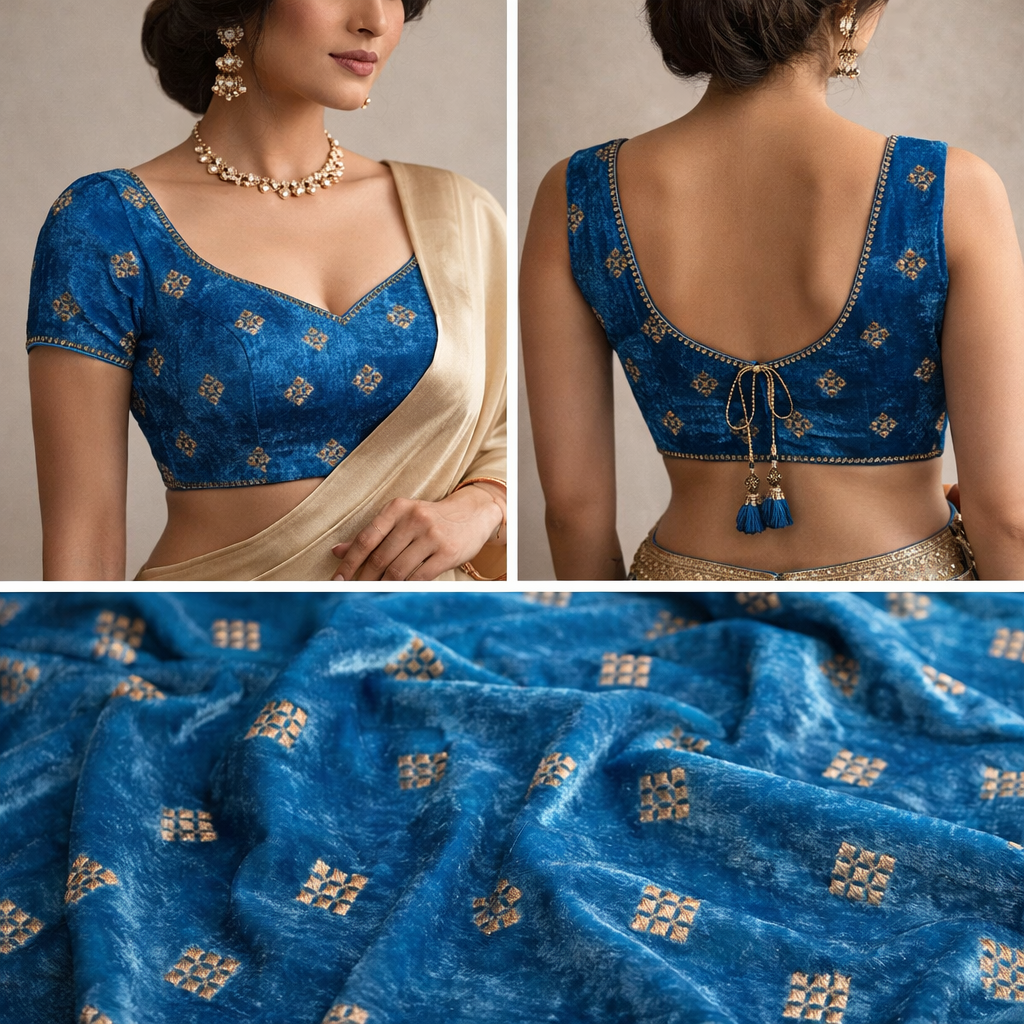 Sky Blue Square Embroidery Velvet Fabric – Designer Work | 1 Meter