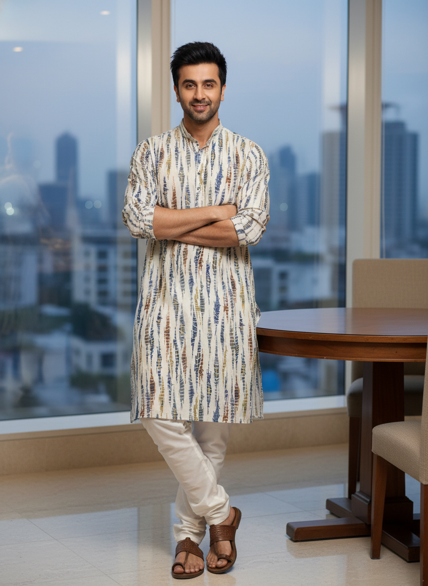 men viscose roman abstract stripe print straight kurta only