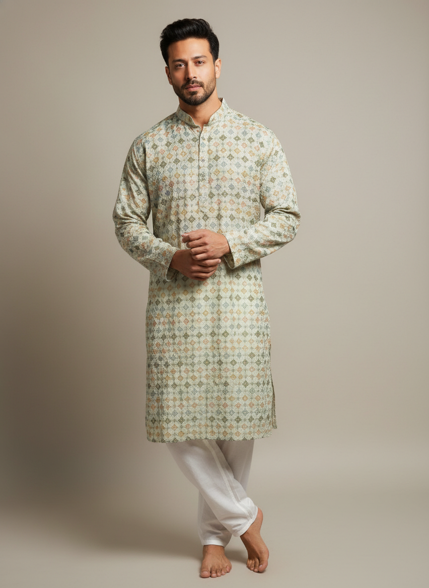 men poly rayon embroidered kurta straight fit ethnic wear
