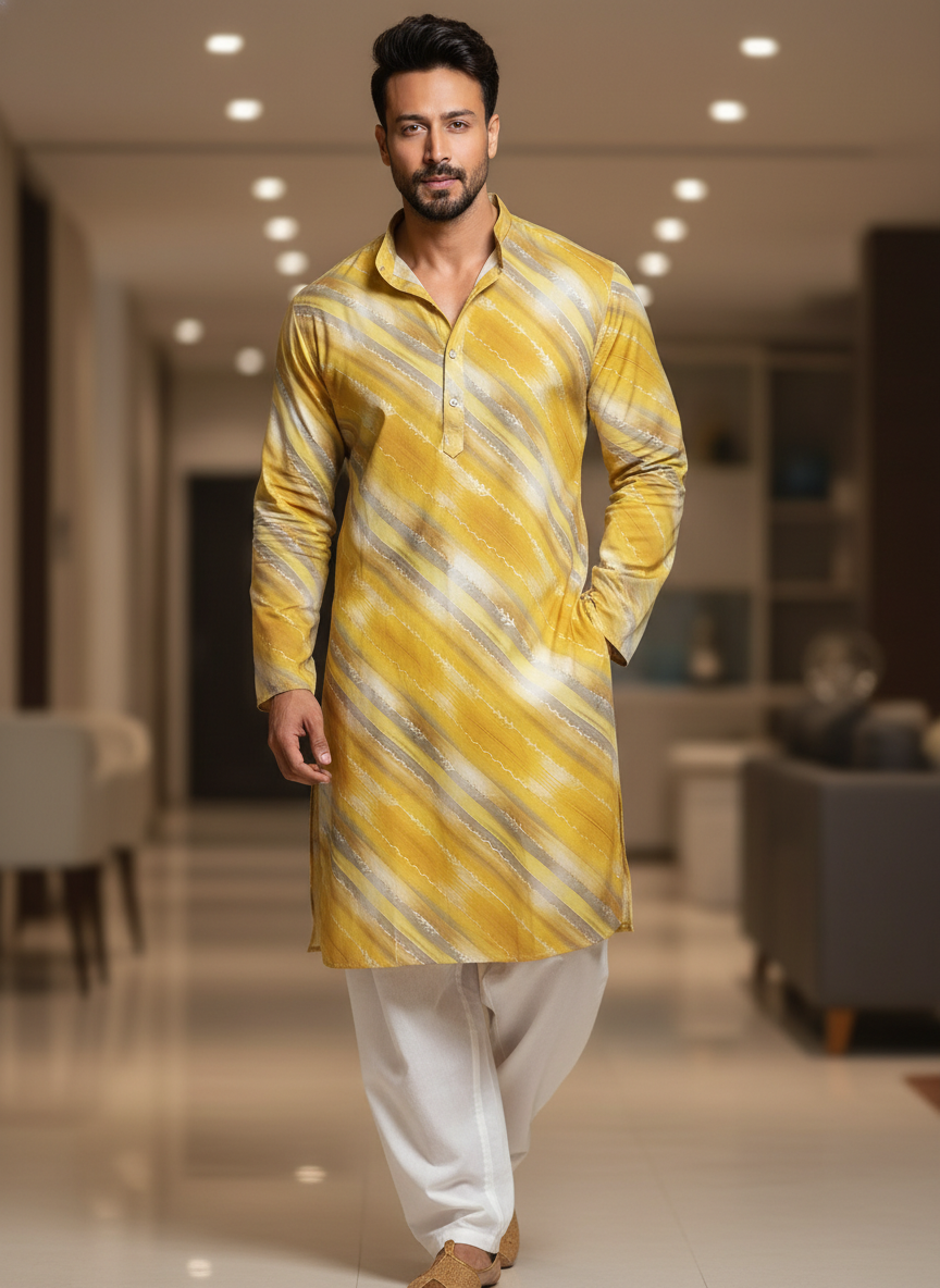 men viscose roman yellow diagonal stripe printed kurta only