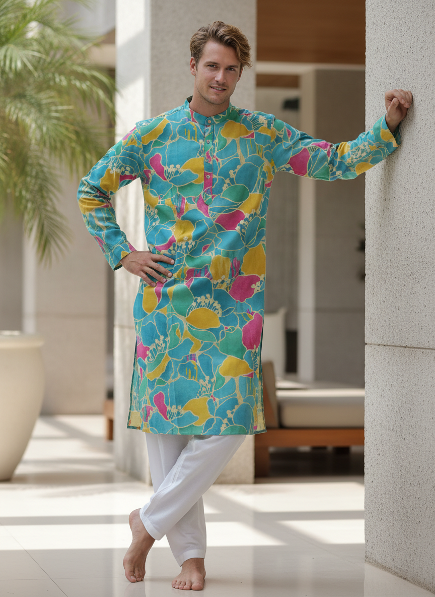 men viscose roman floral print straight kurta