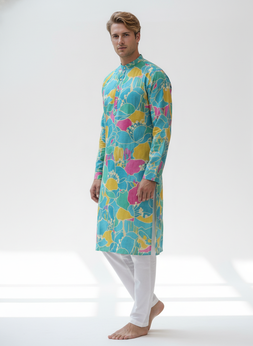 men viscose roman floral print straight kurta
