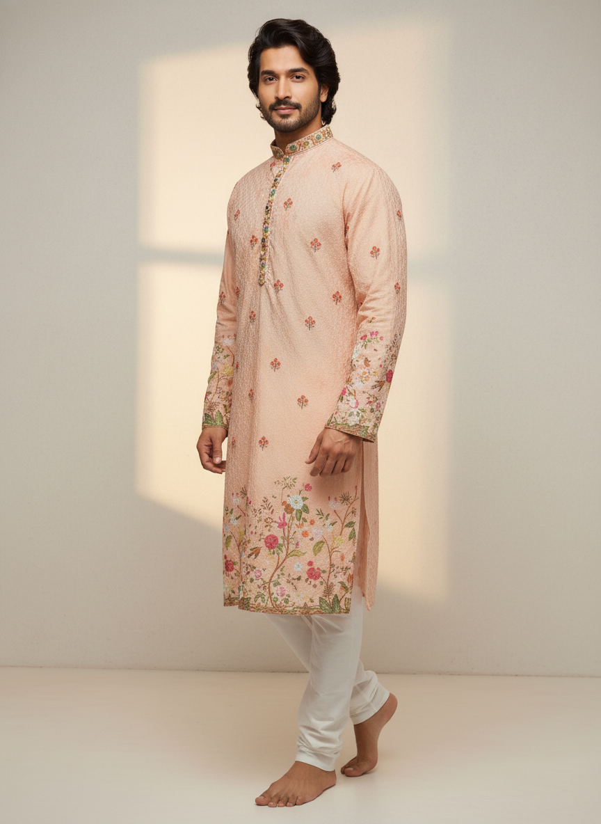 men poly rayon floral embroidered kurta festive ethnic wear