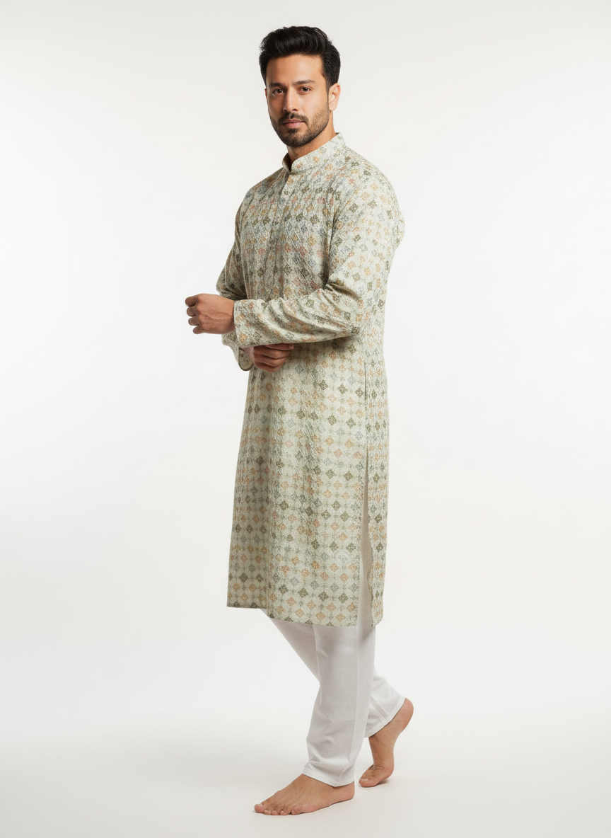men poly rayon embroidered kurta straight fit ethnic wear