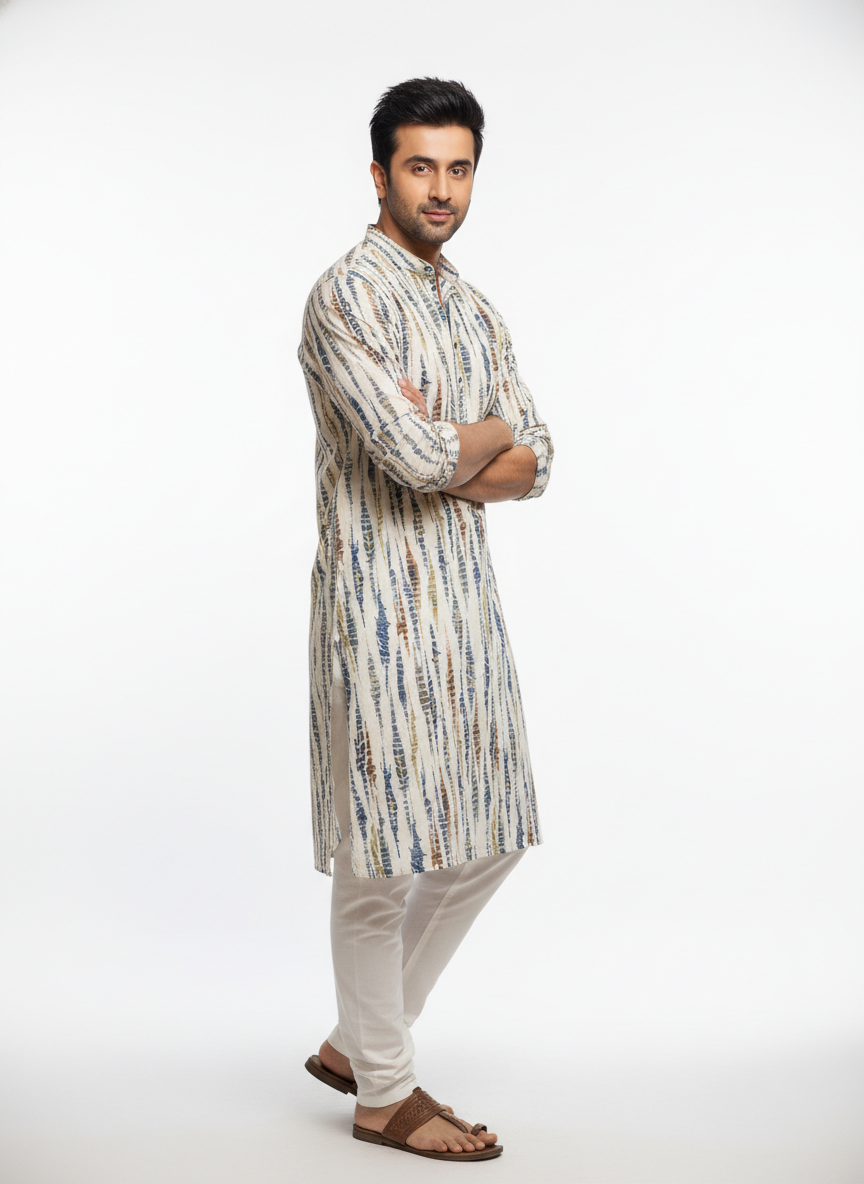 men viscose roman abstract stripe print straight kurta only