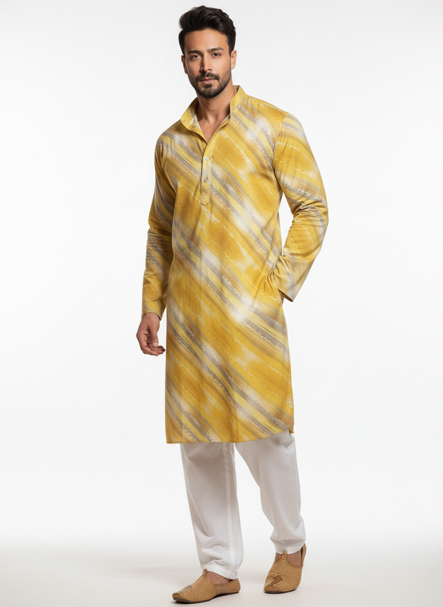 men viscose roman yellow diagonal stripe printed kurta only