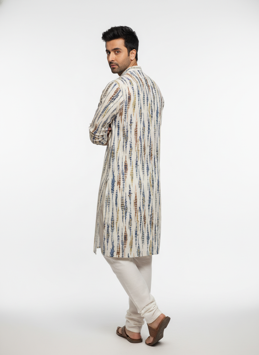 men viscose roman abstract stripe print straight kurta only