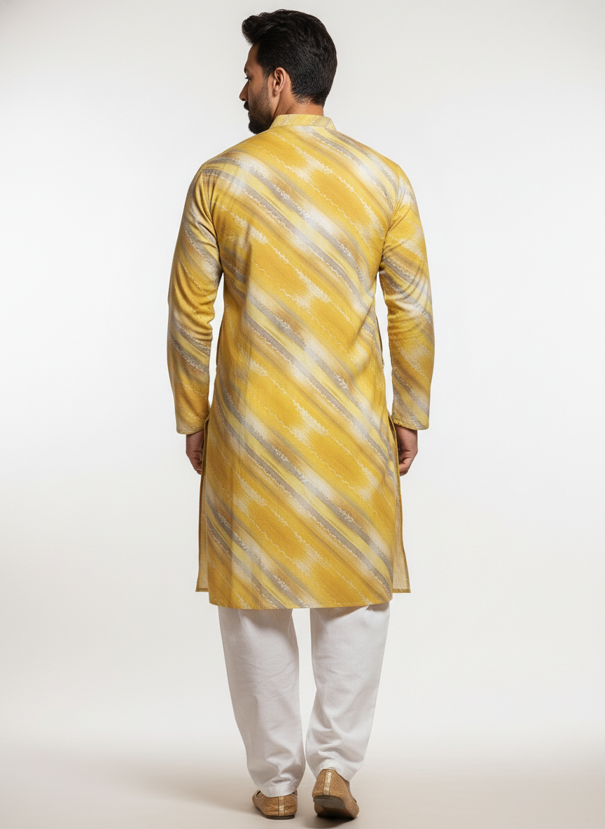 men viscose roman yellow diagonal stripe printed kurta only