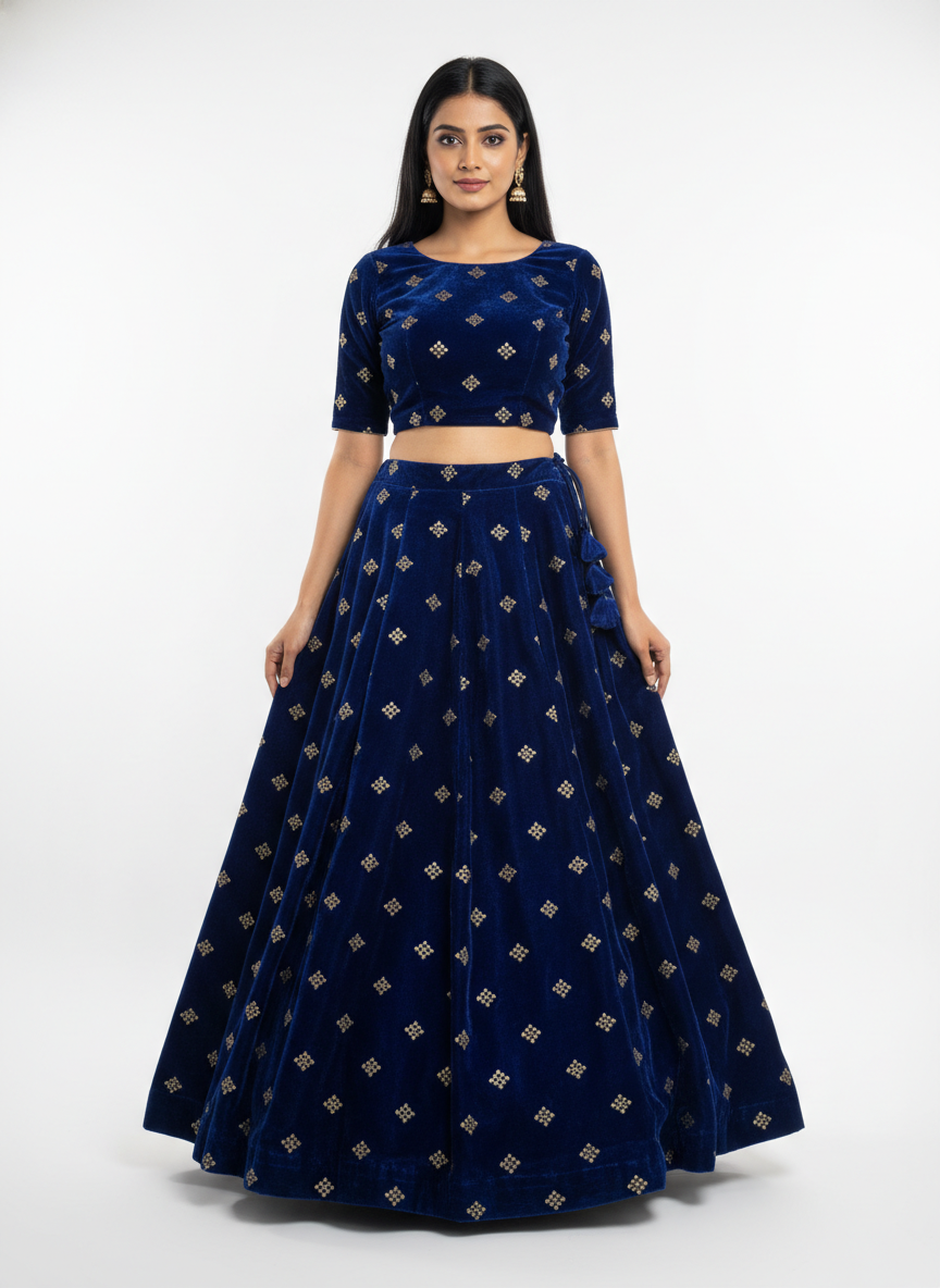 Royal Blue Square Embroidery Velvet Fabric – Designer Work | 1 Meter