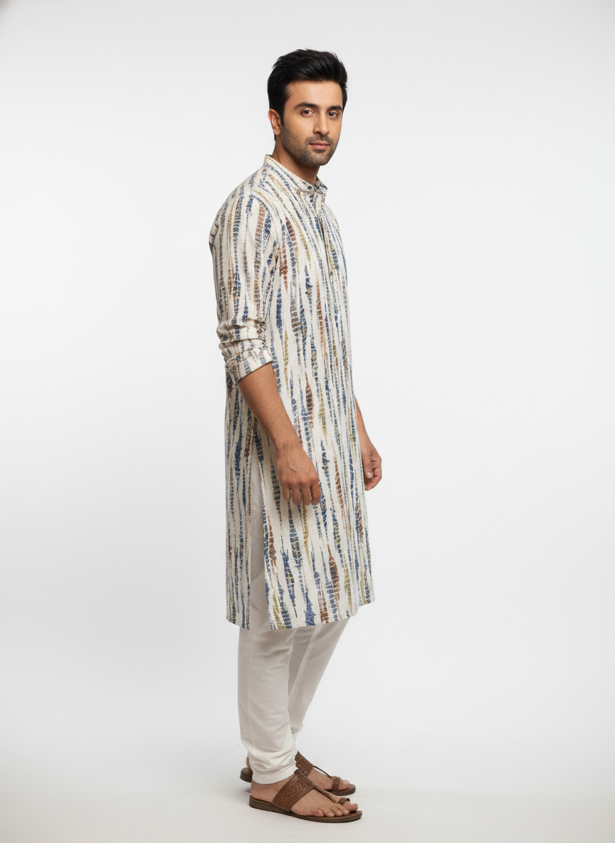 men viscose roman abstract stripe print straight kurta only