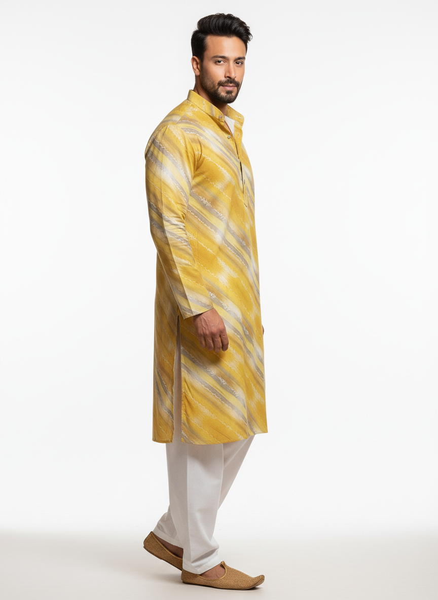 men viscose roman yellow diagonal stripe printed kurta only