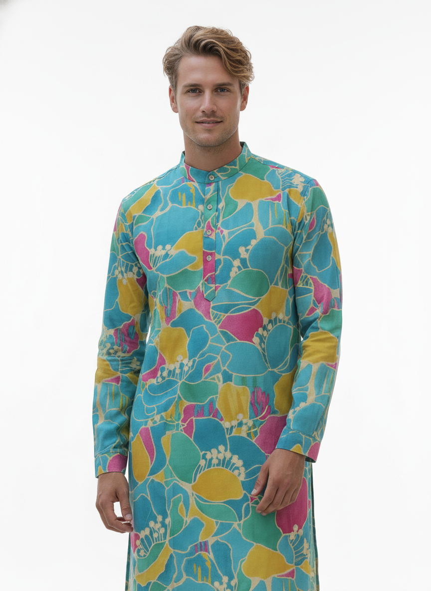 men viscose roman floral print straight kurta