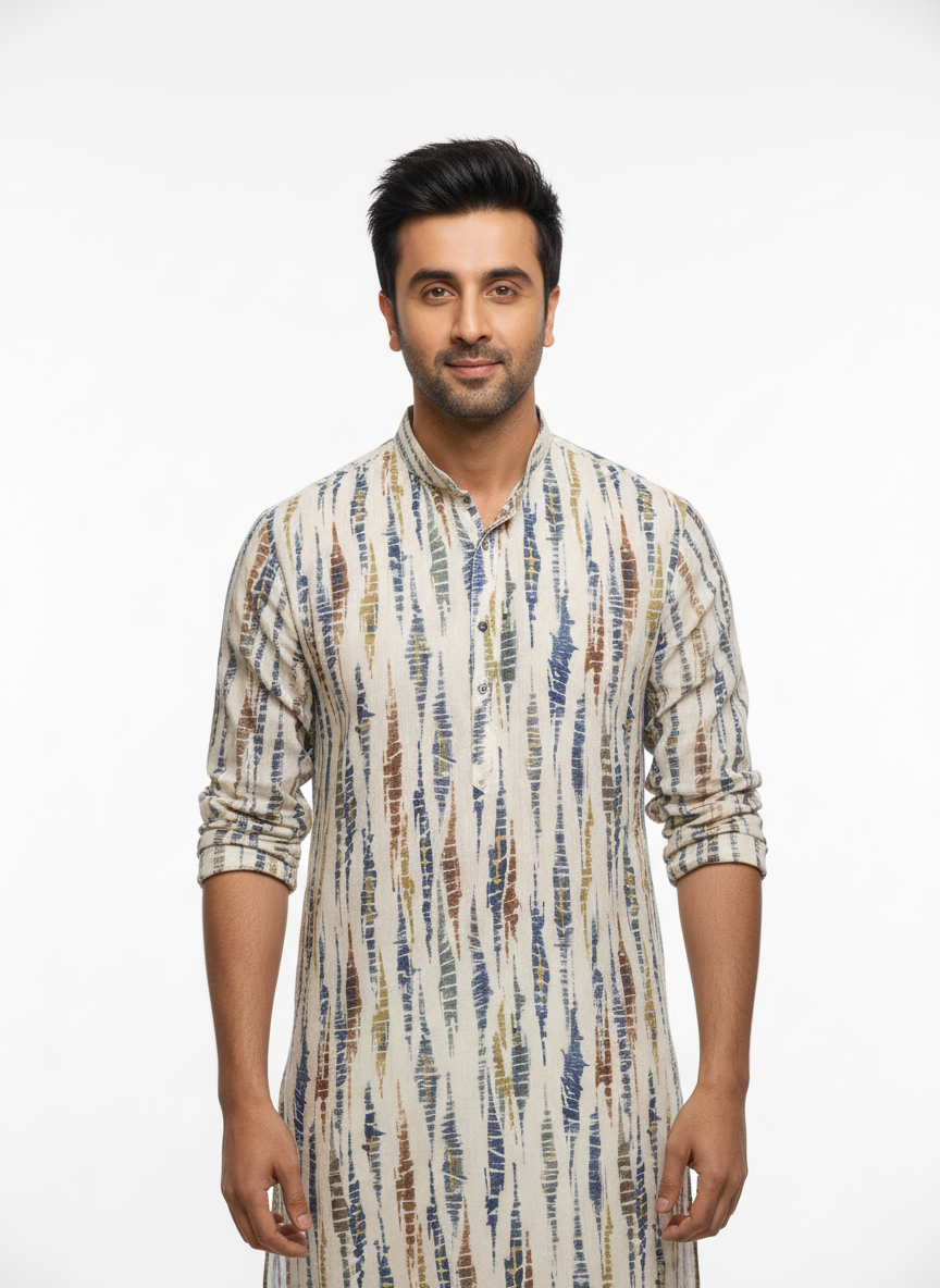 men viscose roman abstract stripe print straight kurta only