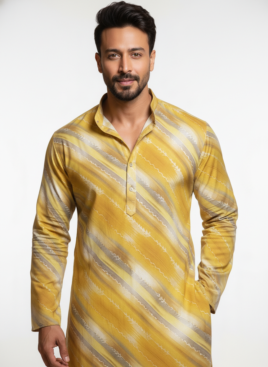 men viscose roman yellow diagonal stripe printed kurta only