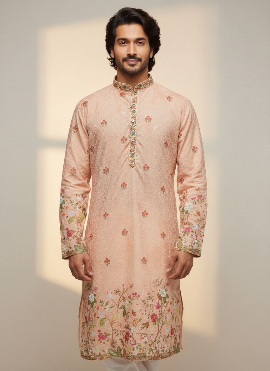 men poly rayon floral embroidered kurta festive ethnic wear