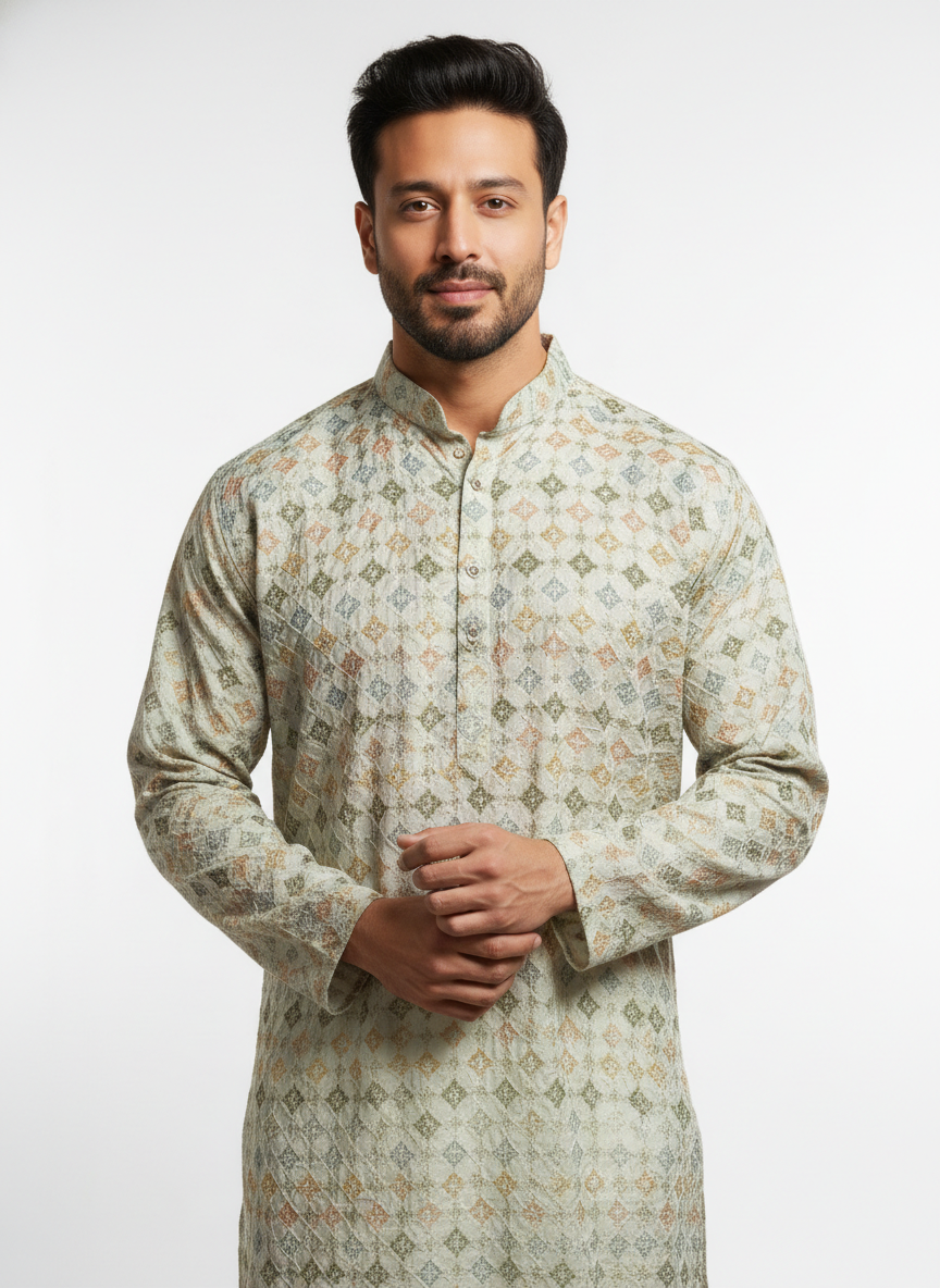 men poly rayon embroidered kurta straight fit ethnic wear