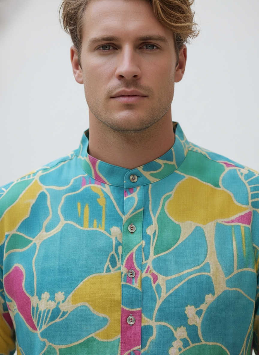 men viscose roman floral print straight kurta