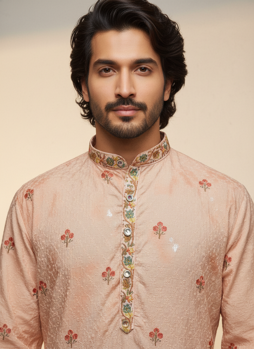 men poly rayon floral embroidered kurta festive ethnic wear