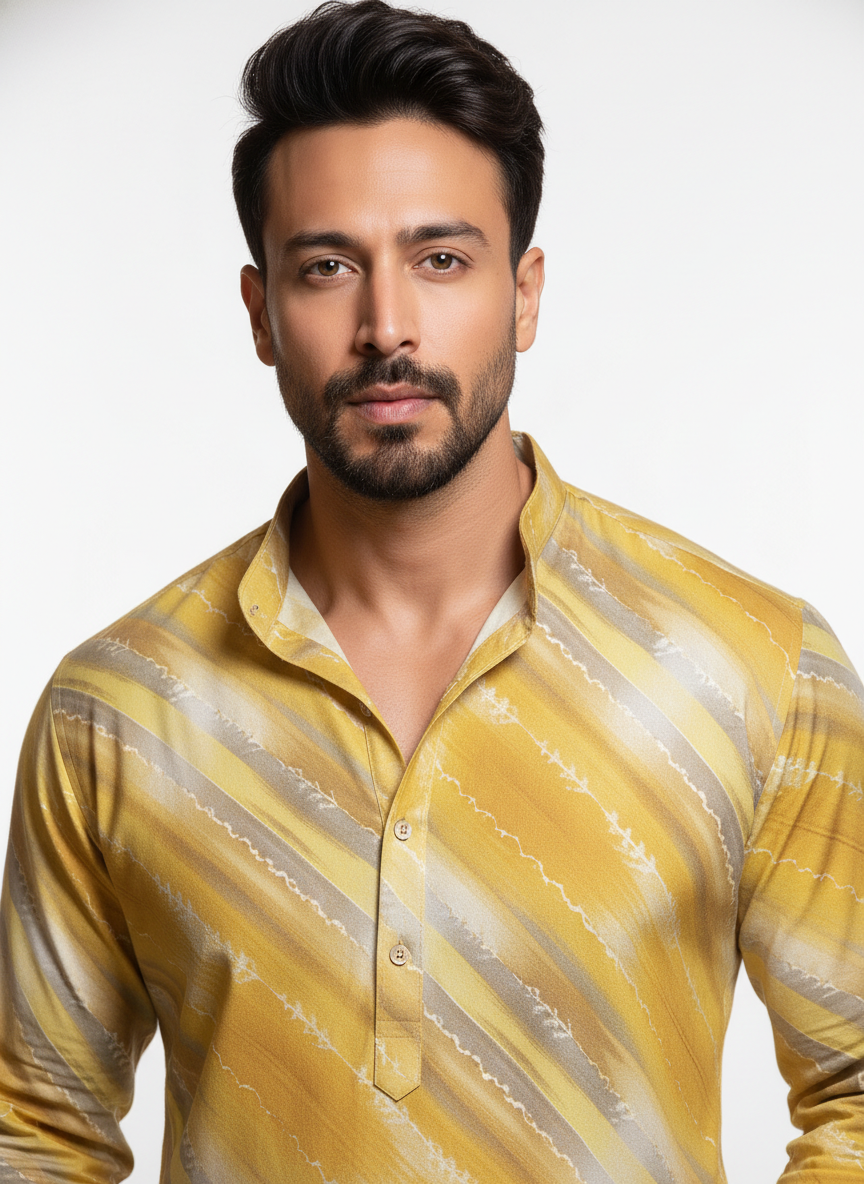 men viscose roman yellow diagonal stripe printed kurta only