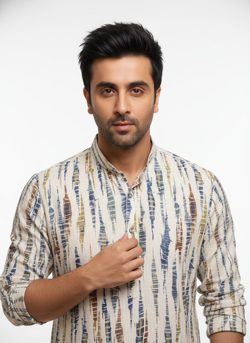 men viscose roman abstract stripe print straight kurta only