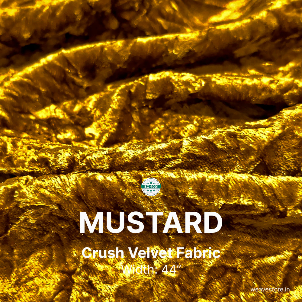 Mustard crush velvet fabric with visible texture and a brand logo.