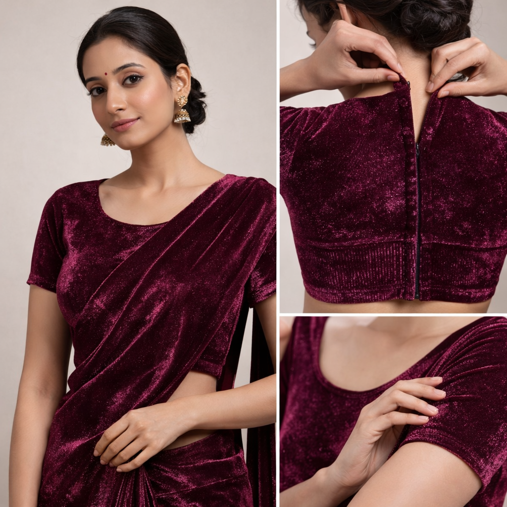 Solid Velvet Fabric for Blouse – Plain Unstitched Velvet Cloth – Wine – 1 Meter