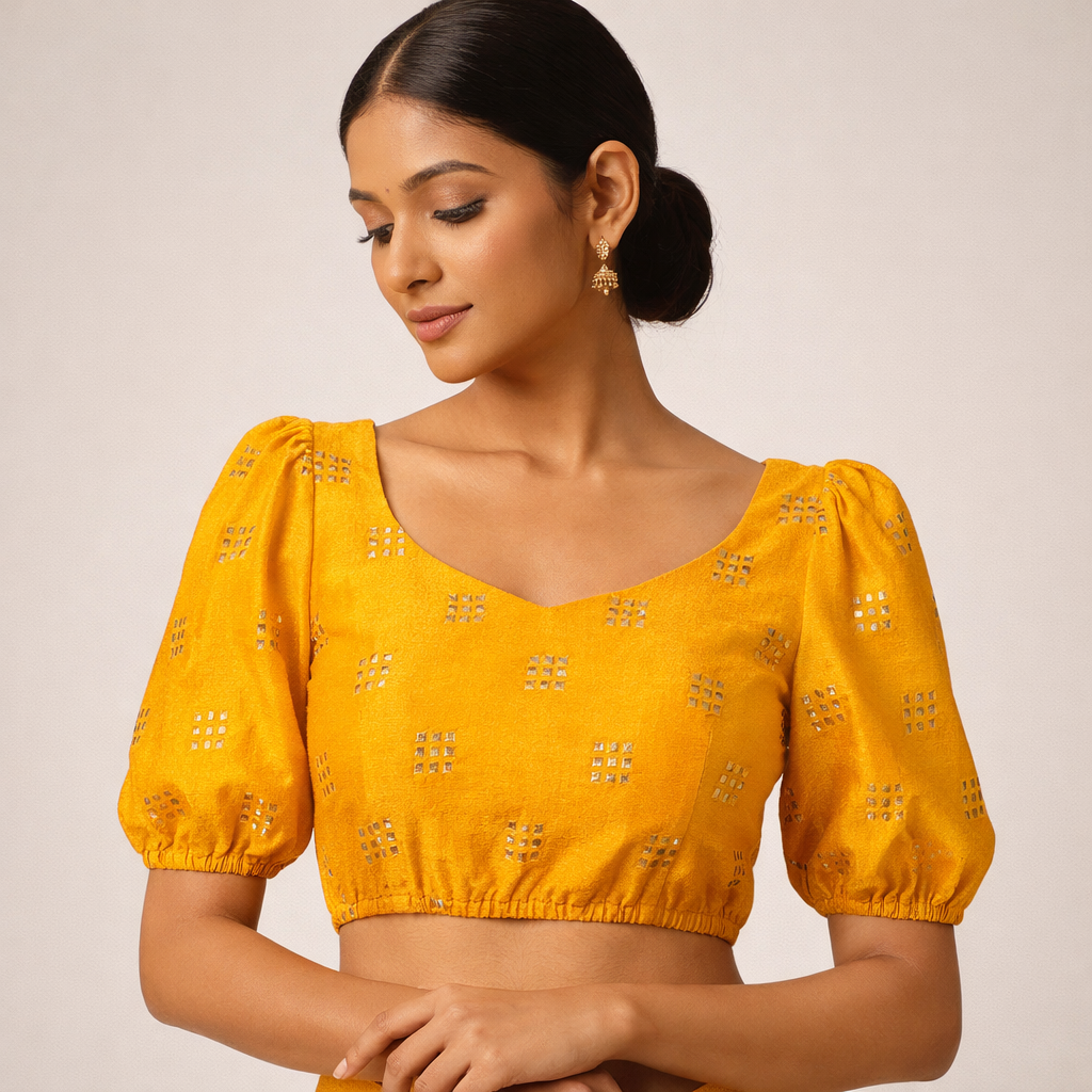 Yellow Square Embroidery Velvet Fabric – Designer Work | 1 Meter