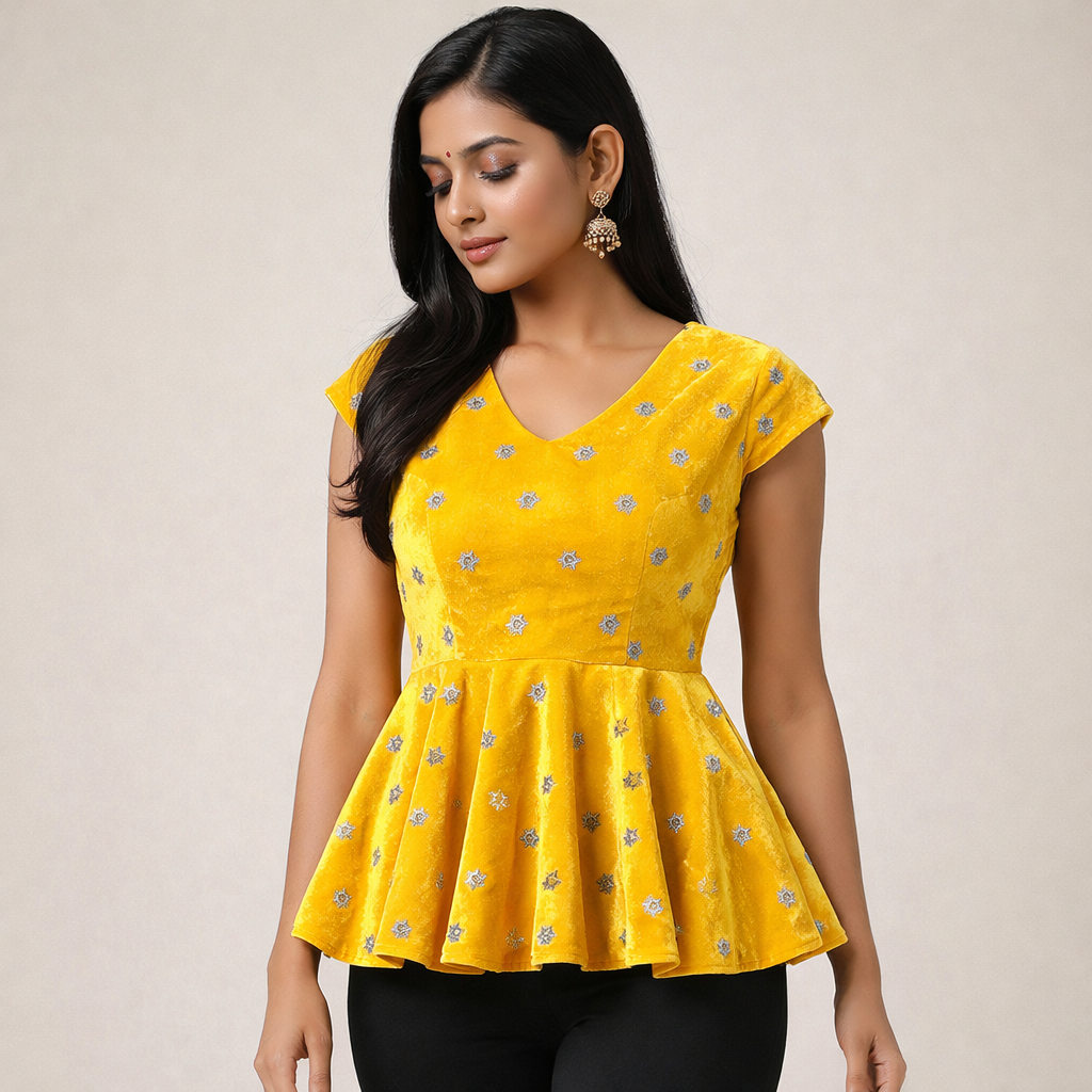 Yellow Star Embroidery Fabric – Designer Embroidered Fabric for Lehenga, Blouse & Kurti – 44 Inch Width – 1 Meter